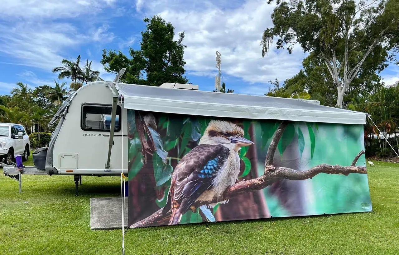 Custom caravan screen featuring a colourful bird design